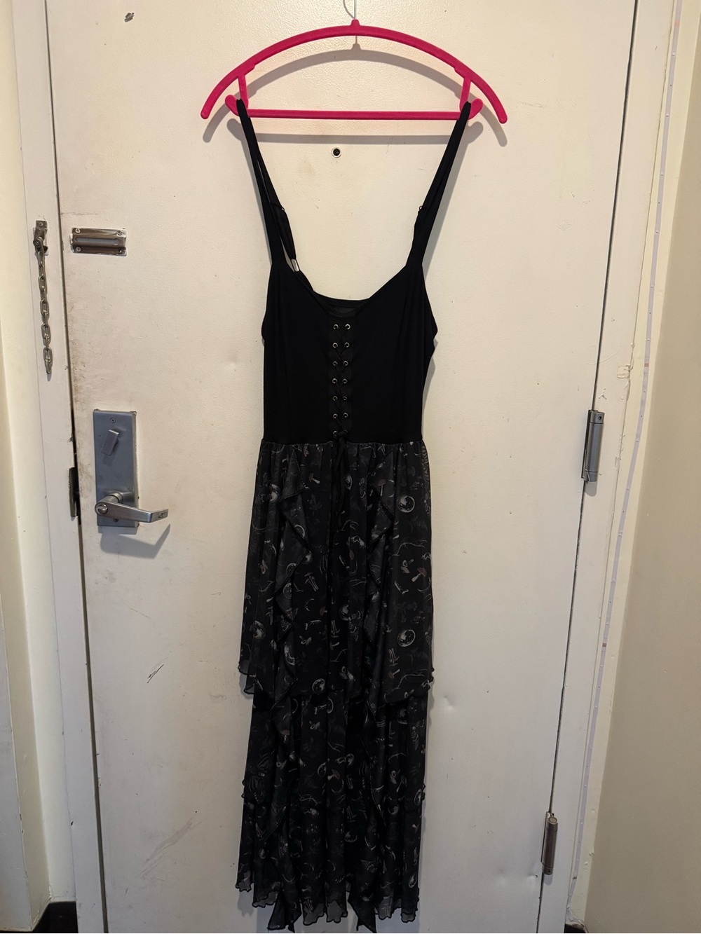 thor Black Sleeveless Lace-Up Bodice Maxi Dress with Printed Tiered Skirt
